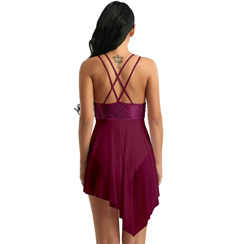 Ballet Leotard Women Sleeveless Sequin Asymmetric Mesh