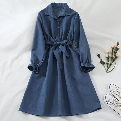 Mferlier зимнее женское платье с отложным воротником и длинным Расклешенным рукавом с поясом и высокой талией Mori Girl 5 однотонных цветов винтажное платье-рубашка - Цвет: Синий