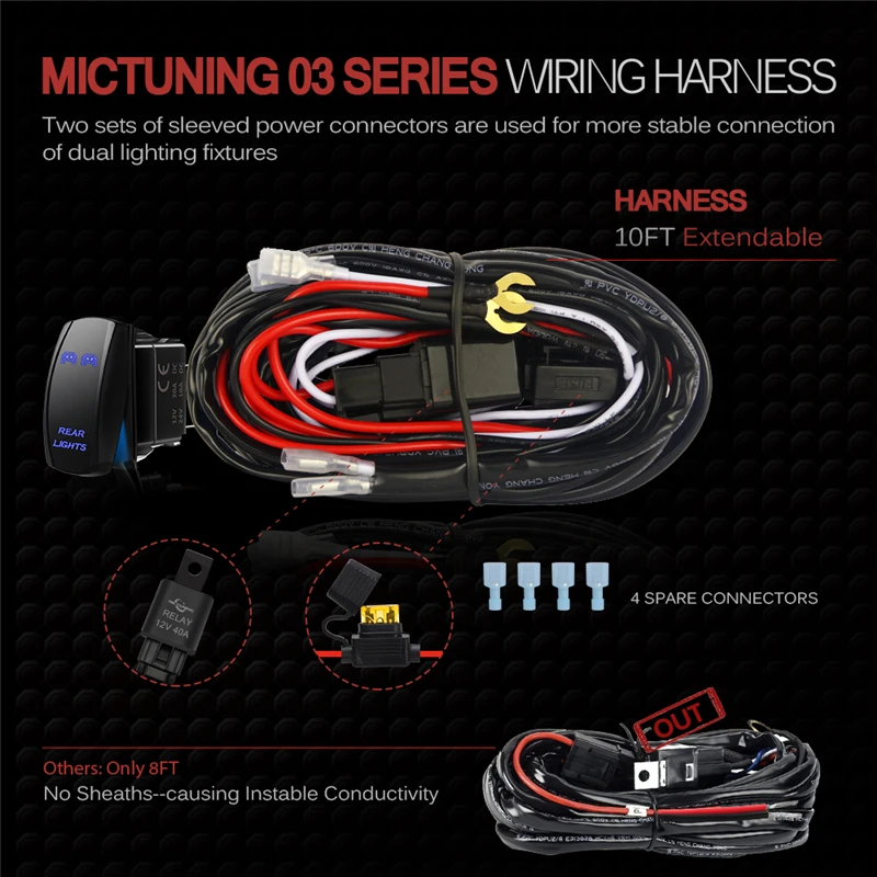 MICTUNING 16AWG комплект жгутов проводов для Автомобильный светодиодный рабочий светильник бар провода кабель предохранитель 40A реле w/5pin синий ВКЛ-ВЫКЛ кулисный переключатель 2 свинца