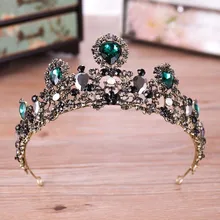 Винтажные аксессуары для волос в стиле барокко для женщин, модная Корона, диадема, зеленые Стразы, украшение на голову из черного металла, свадебные диадемы