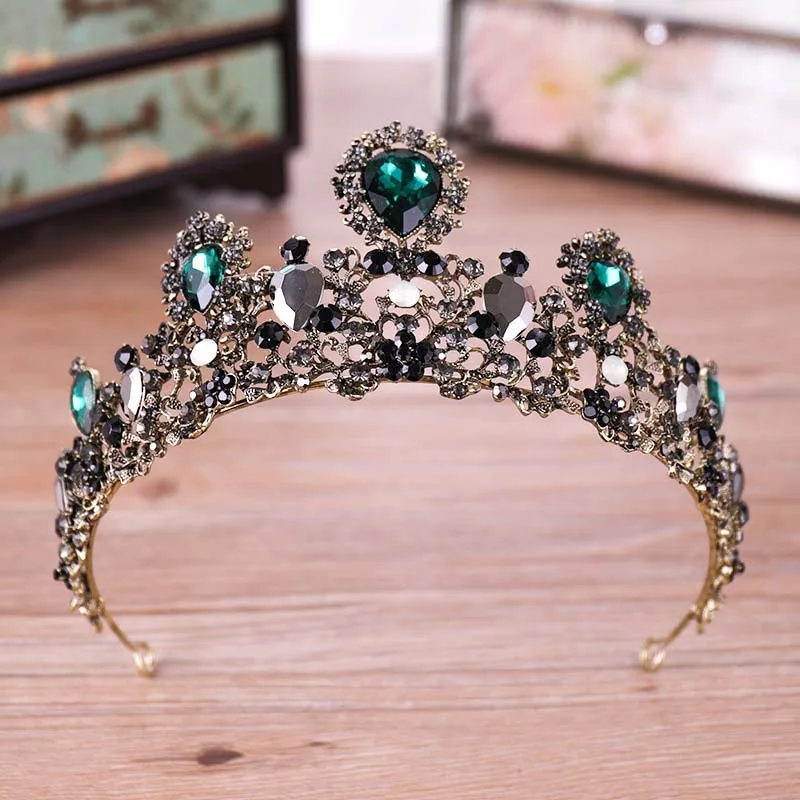 

Vintage Baroque Hair Accessories For Women Fashion Crown Tiara Diadema Green Rhinestone Black metal Head Jewelry Wedding tiaras