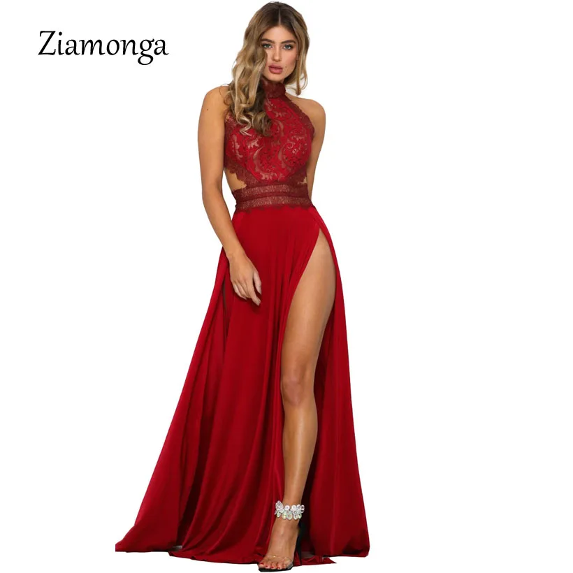 Ziamonga, сексуальное кружевное платье макси с разрезом, женское, элегантное, летнее, однотонное, с бретельками, с открытыми плечами, длинные платья, вечерние, vestido de festa