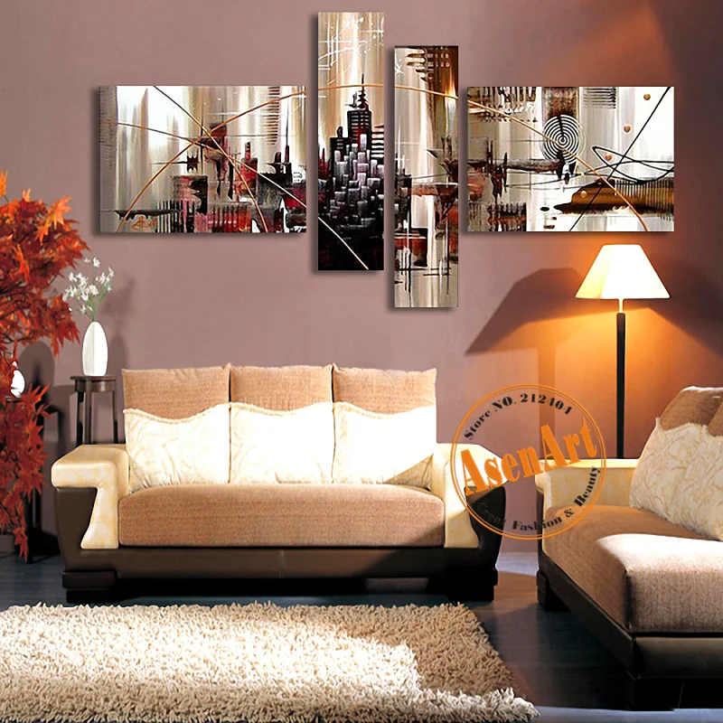 

4pcs New York City Hand Painting Abstract Oil Painting Frameless Abstract Landscape Wall Picture for Living Room Home Decoration