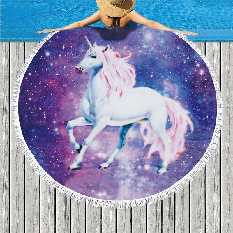 

Microfine Real Unicorn Printed Beach Towels for Adults Non Cartoon Women 150cm Round Bath Towel Picnic Mat Hamam Blanket