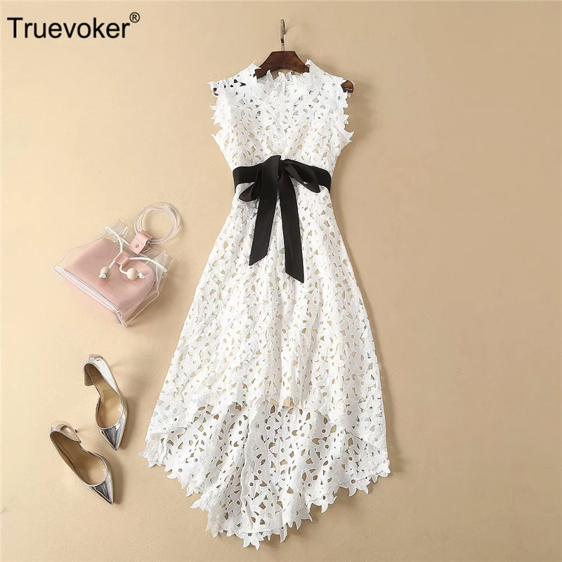 

Truevoker Summer Designer Irregular Dress Women's High Quality Sleeveless White Embroidery Cutout Hollow Out Dovetail Dress