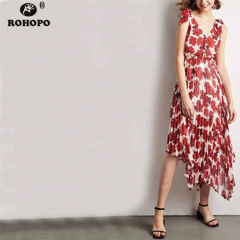 

ROHOPO Sleeveless Tie Strap Asymmetric Pleated Dress Printed Floral Multiways Vintage Midi Dress Top Buttons #OYK9647