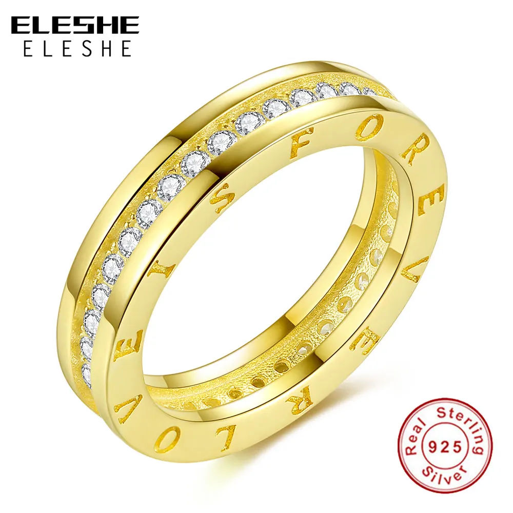 

ELESHE 925 Sterling Silver Women CZ Stones Engagement Wedding Rings Gold Color Fashion Famous Brand Ring Jewelry