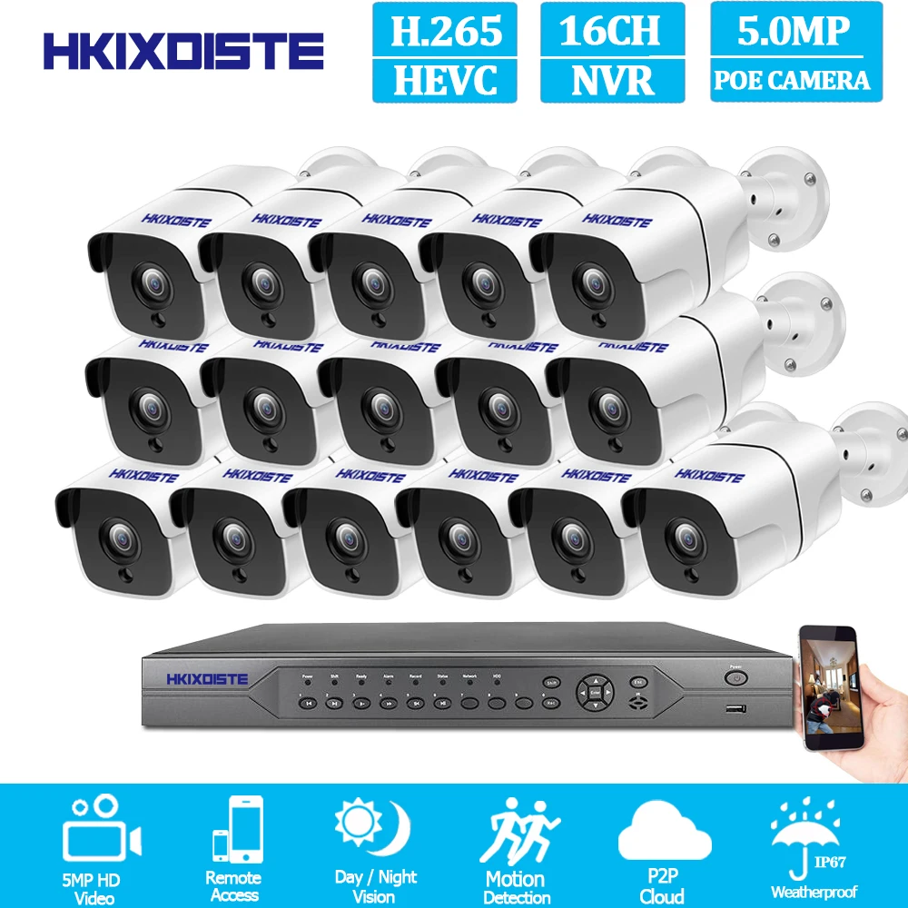 

16CH NVR 4K 5MP POE CCTV camera System Kit H.265 Outdoor Waterproof IP Camera POE Home security Video Surveillance kit