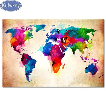 

kufwkey DIY Diamond Embroidery"world map"Square Diamond Painting Cross Stitch Kits 5D Diamond Mosaic Needlework,office Decor