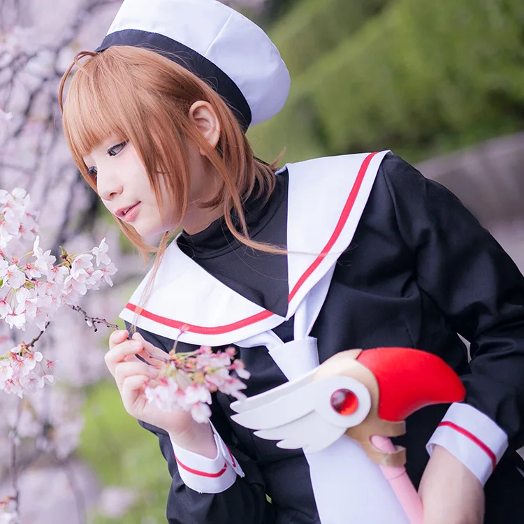 

Anime Cardcaptor Sakura Cosplay Adult Costumes Student Black Uniform Set Tops+Skirt+Cap+Tie Girls Sailor Suit Halloween Costume