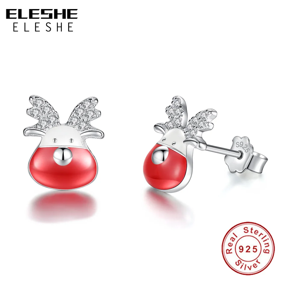 

ELESHE Cute Elk Christmas Earring with Enamel Cubic Zirconia 925 Sterling Silver Stud Earrings For Women Girls Lovely Jewelry