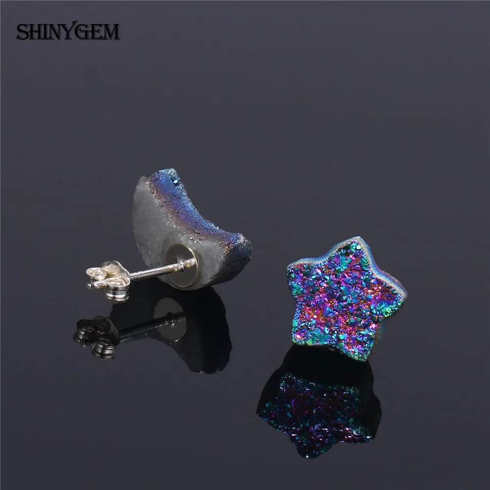 ShinyGem милые серьги с Луной и звездой из натурального камня милые 925 пробы серебряные серьги-гвоздики радужные друзы вечерние серьги для женщин