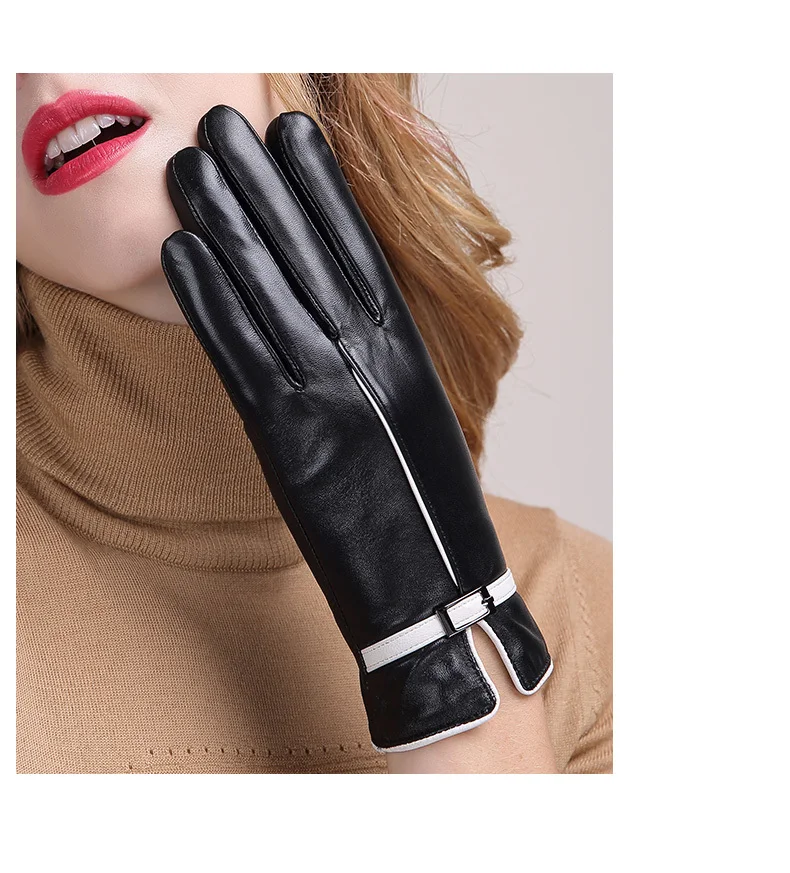 Зимние перчатки из натуральной кожи, кашемировые толстые теплые перчатки из овчины для телефона, модные женские перчатки для вождения с сенсорным экраном 088