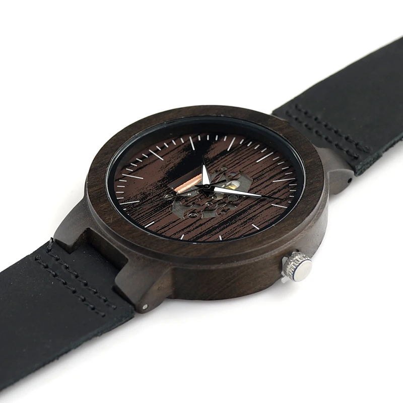 BOBO BIRD V-H30 Mens Wooden Watch Doodle Paint Dial Exposed Movement Quartz Wristwatch with Leather Strap reloj de los hombres