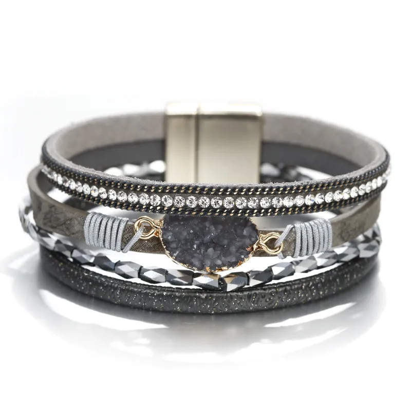 Amorcome Камень Шарм женский кожаный браслет ювелирные изделия Дамская мода Кристалл Многослойная богемная накидка широкие браслеты и браслеты - Окраска металла: Gray