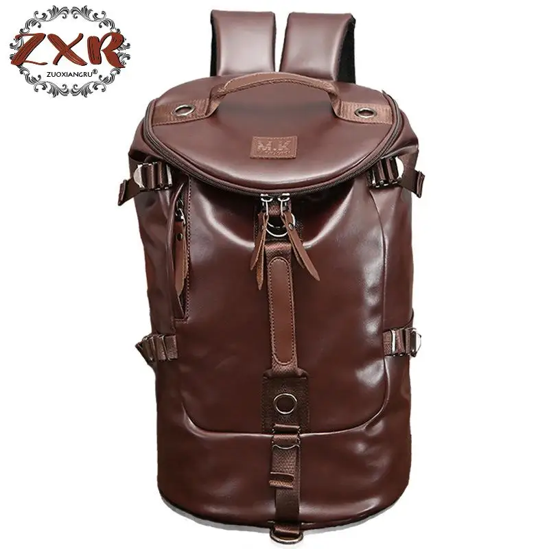 

New Men Travel Bags Backpack Large Bucket Shape PU Leather Portable Handbag Men Luggage Bag High Capacity Travel Duffle