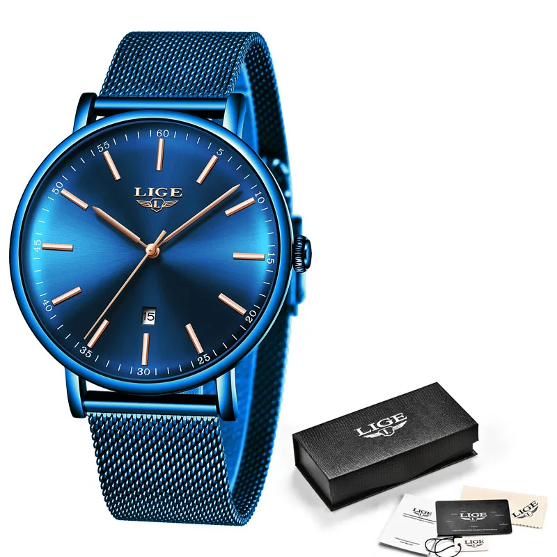 LIGE женские часы лучший бренд класса люкс Женский, сетчатый ремень ультра-тонкие часы из нержавеющей стали водонепроницаемые часы кварцевые часы Reloj Mujer - Цвет: Full blue