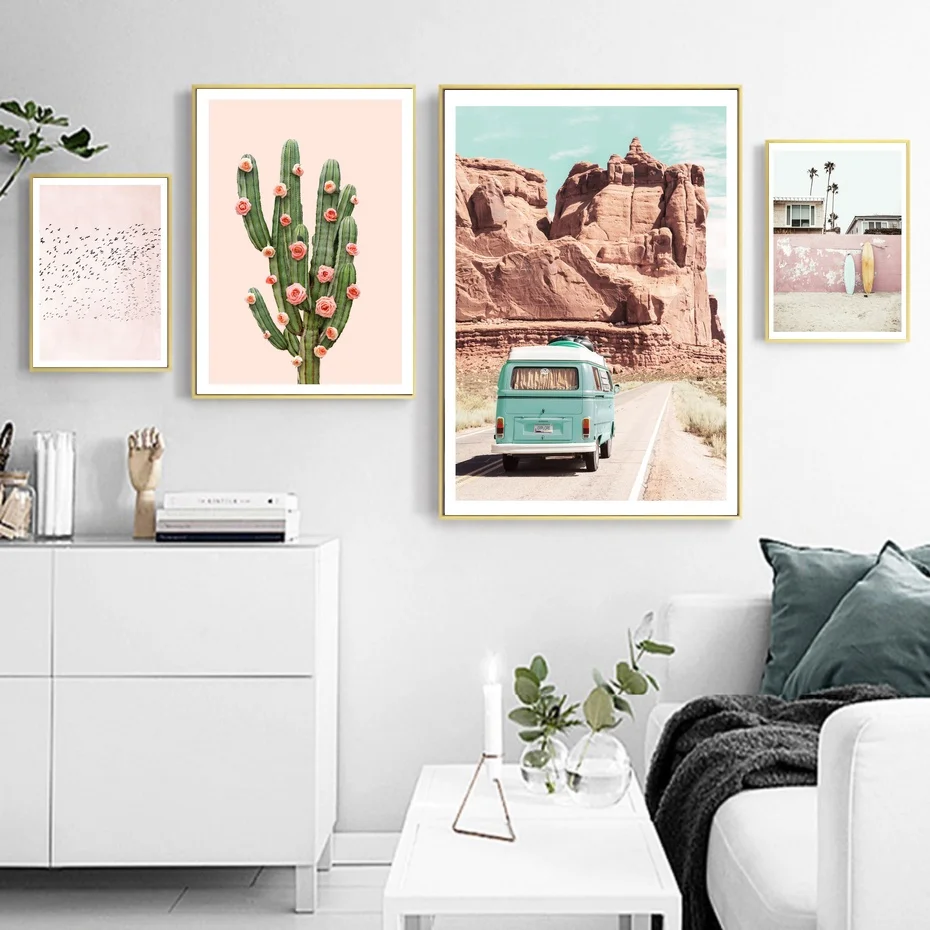 

Pink Boho Van In The Desert Cactus Rose Surf Bird Modern Home Decor Canvas Painting Wall Art Print Wall Picture