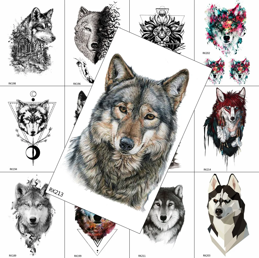 

3D Colorful Wolf Temporary Tattoos Sticker Realistic Fake Body Art Arm Legs Wasit Tattoo Decal For Men Geometric Waterpoof Tatto