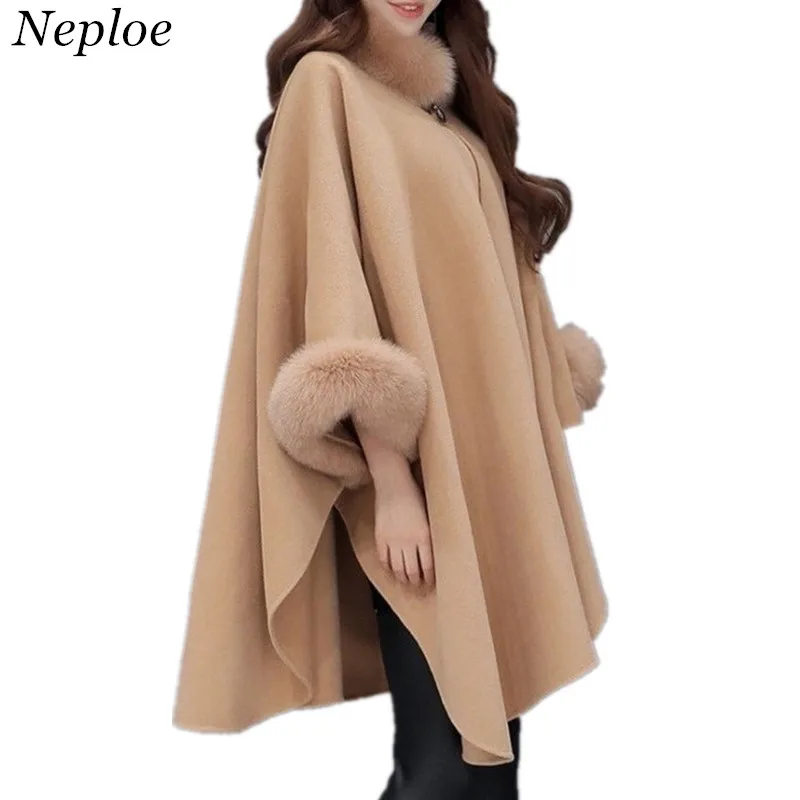 

Nepole Fury Collar Hairy Sleeve Cloak Style Women Wool Coat Solid Loose Chic Female Plus Size Blends 2019 Winter Open Coat 69092