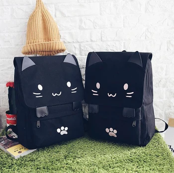 Kawaii Black Kitty Canvas Backpack