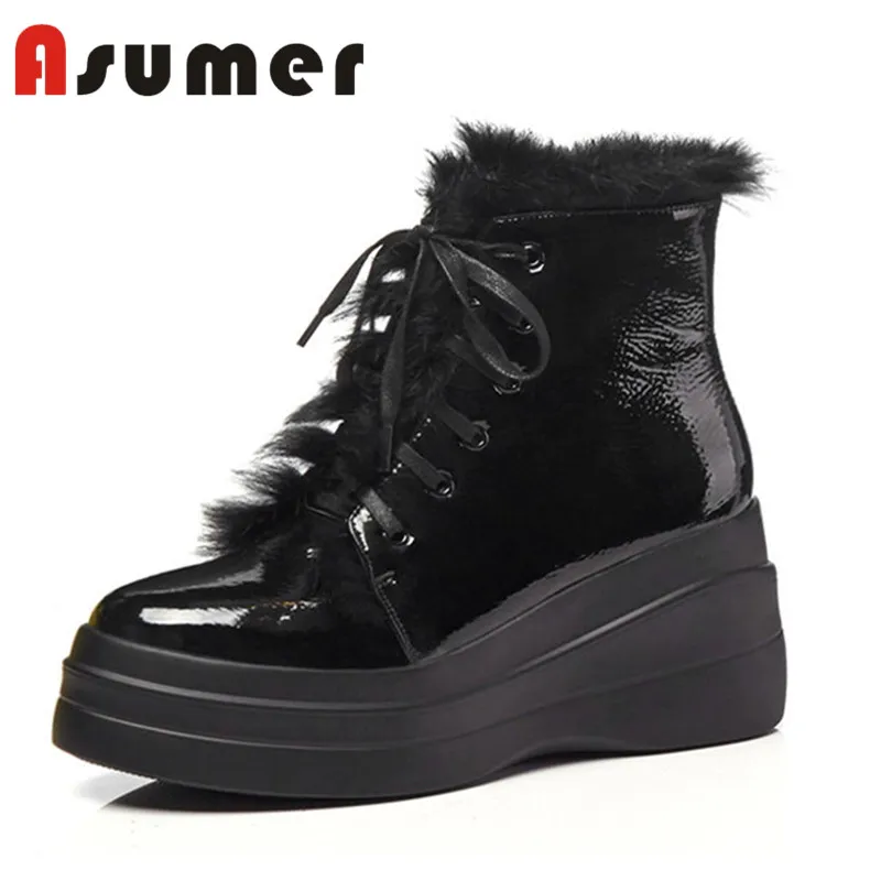 Koop ASUMER 2018 FASHION ronde neus echt leer laarzen voor vrouwen lace up snowboots klassieke zwart dagelijkse lederen laarzen