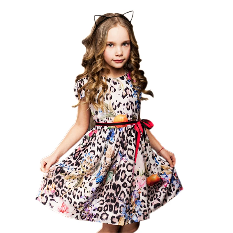 Leopard Print Girls Dress Floral Top Fashion Summer Party Wedding