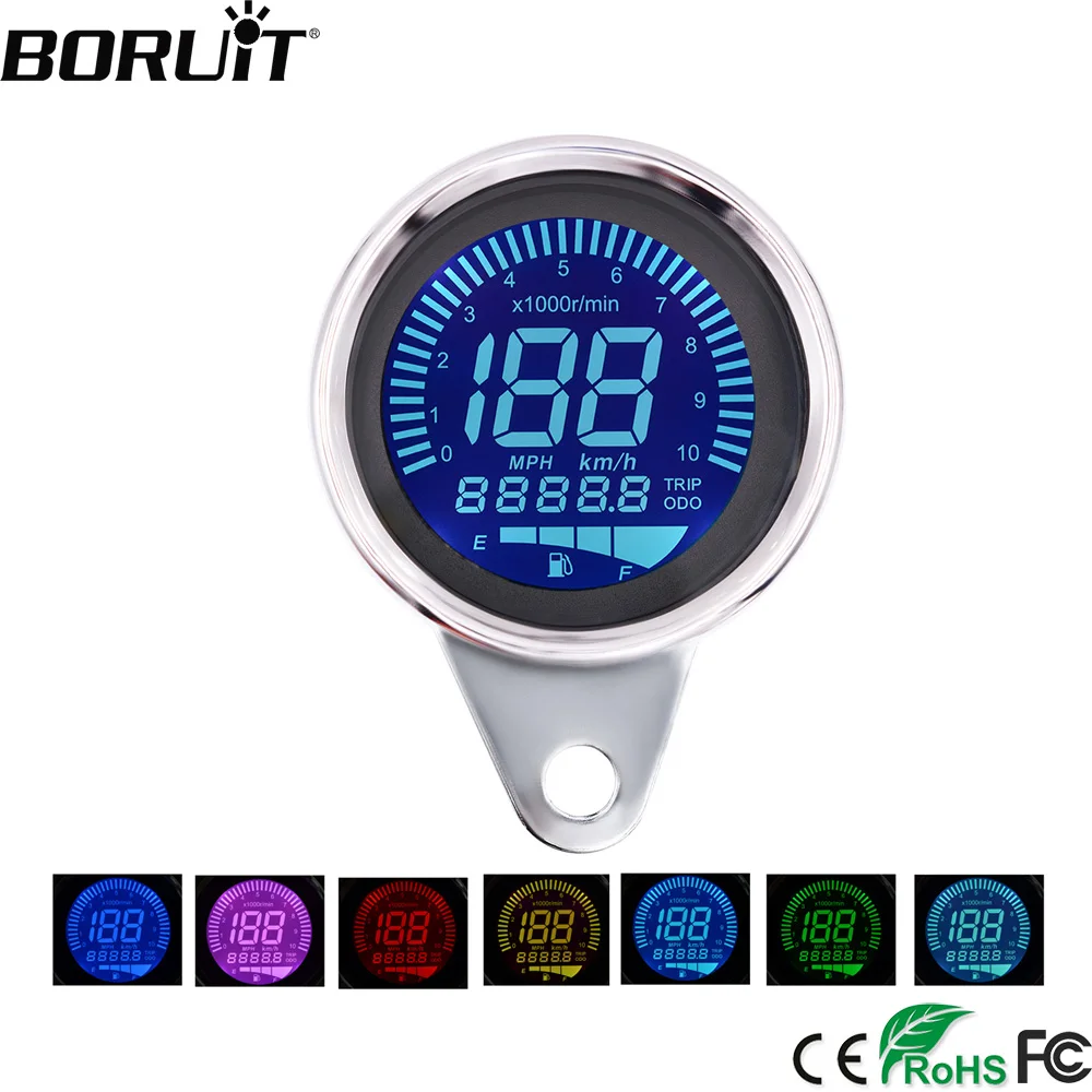 

BORUiT Universal Digital Motorcycle Instrument LCD Display Odometer Tachometer Gauge LED Light Fuel Speed Meter Gauge