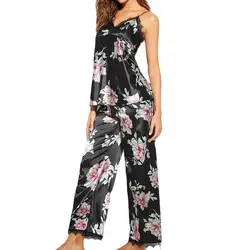 Новое модное сексуальное женское белье женский шелковый атлас кружева с цветочными рисунками пижамы с v-образным вырезом жилет брюки набор