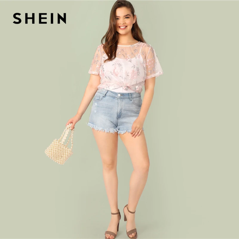 SHEIN, розовый топ с вышивкой размера плюс, Сетчатая футболка, Женская Летняя Сексуальная Повседневная футболка на пуговицах с круглым вырезом и коротким рукавом, плюс футболка