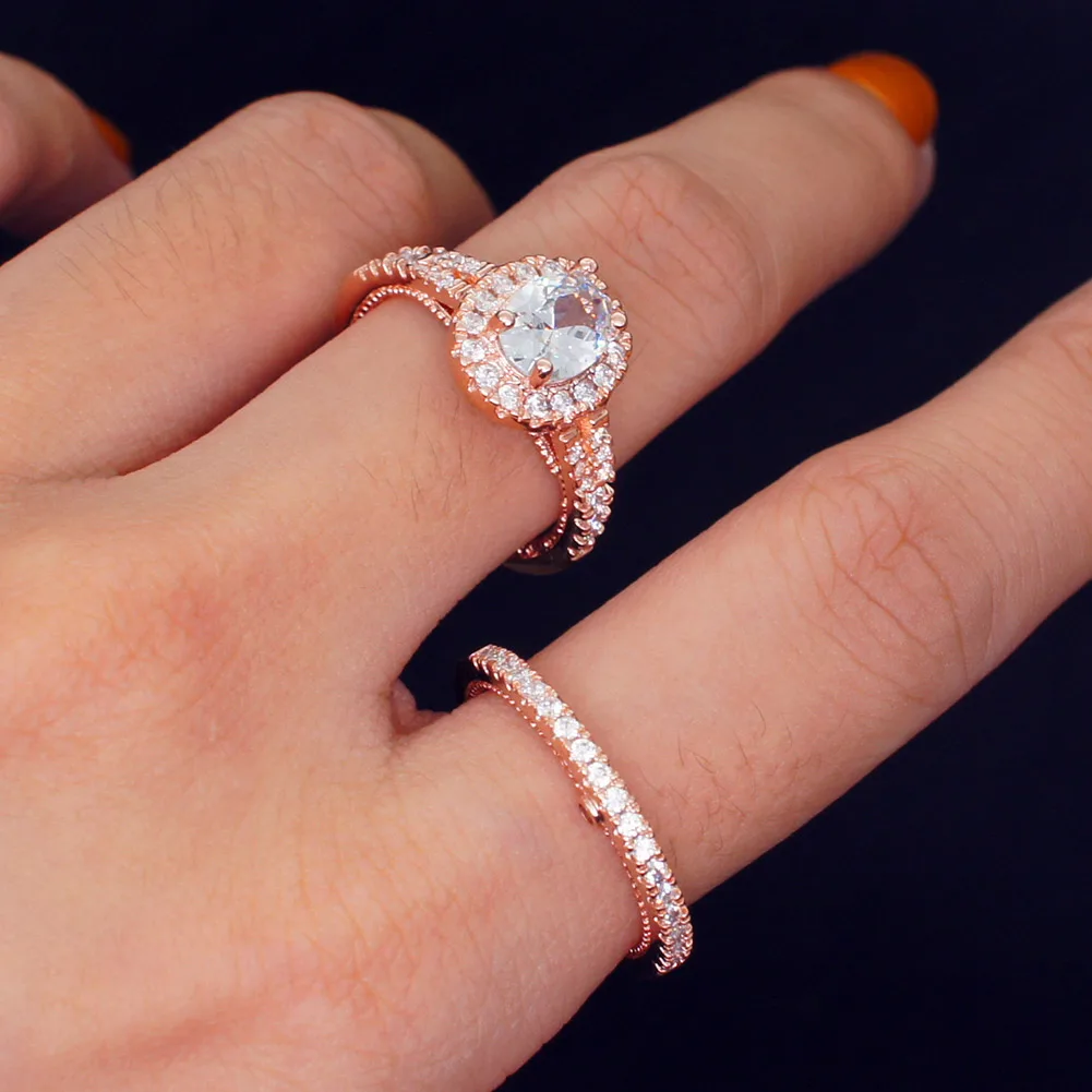 Women Finger Ring Set Crystals Wedding Engagement Rings Size 6 10 Rose