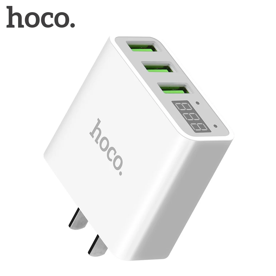HOCO, 3 порта, USB зарядное устройство для телефона, светодиодный дисплей, штепсельная вилка США, умная быстрая зарядка, мобильное зарядное устройство для путешествий, 5 В, 3 А, для iPhone, телефонов, iPad