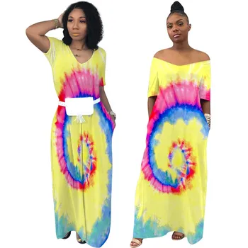

2019 Summer Women Rainbow Tie Dye Off The Shoulder Print Dress Boho Slash Neck Beach Dresses Short Sleeve Long Dress