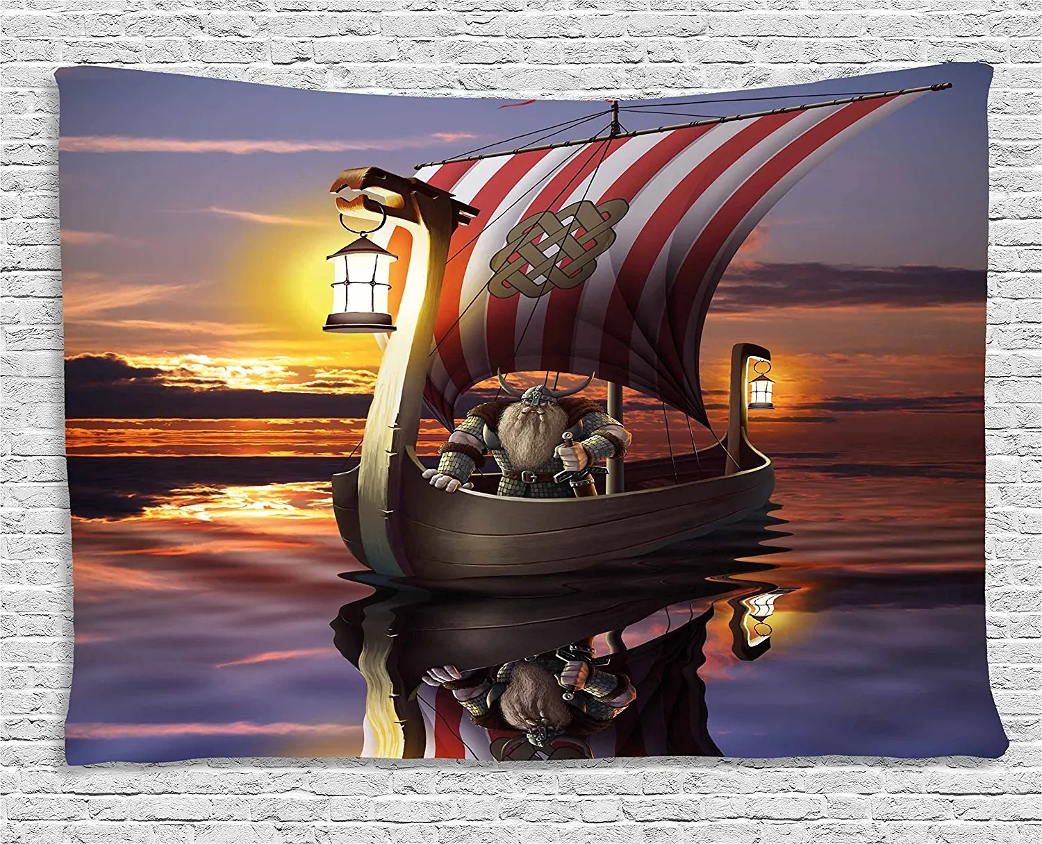 Viking Tapestry Warrior in a Ship Twilight Barbarian Nordic