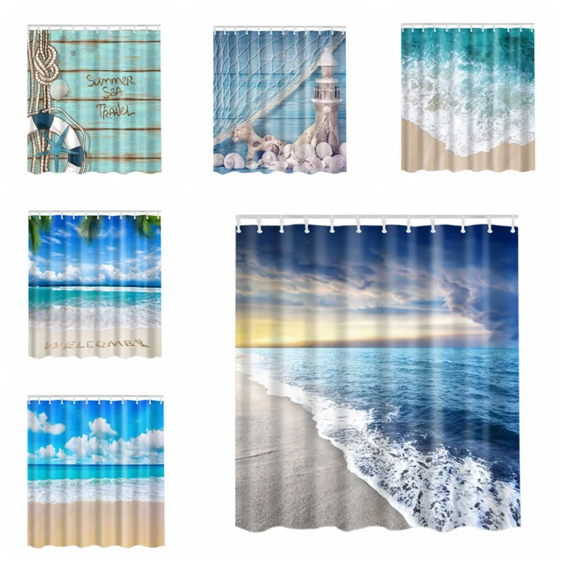 Океан Декор Коллекция Морской море пляж картина принт Ванная комната комплект Ткань душ Шторы с Крючки синий/белый песок