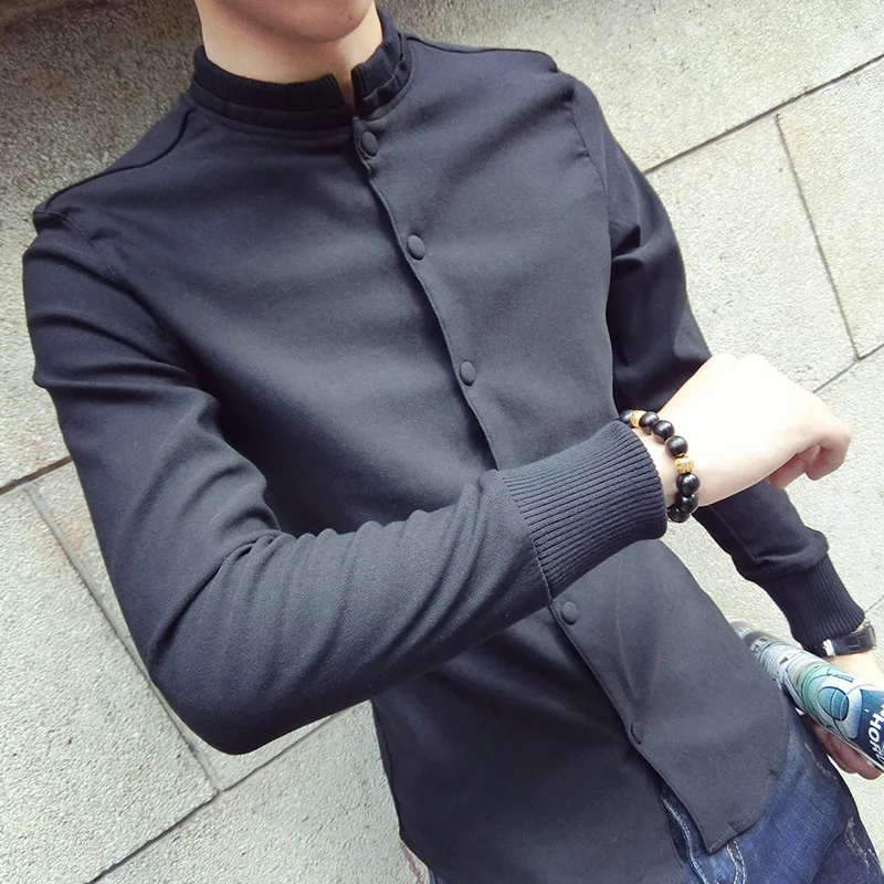 

New autumn and winter plus velvet stand collar press buckle Slim shirt trend casual warm men's shirt
