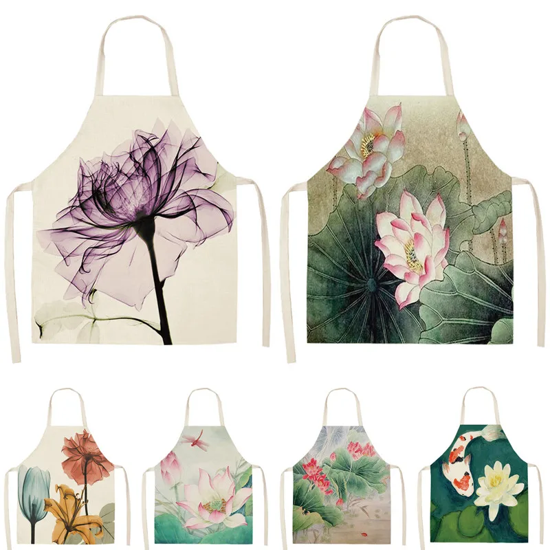 

1Pcs Flower Lotus Pattern Women Lady Apron for Home Kitchen Restaurant Cooking Bib Aprons Catering Anti-Fouling 53*65cm WQ0006