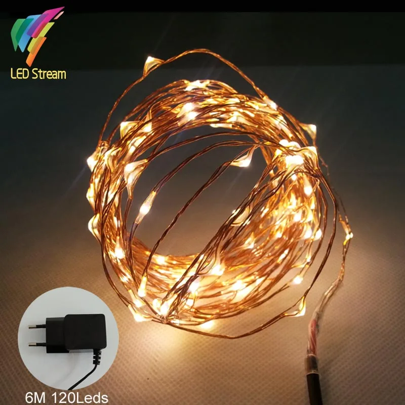 100 240Vac 12Vdc Copper Wire mini String Fairy Lights 20FT 6M 120 Led EU Plug Adapter CE GS