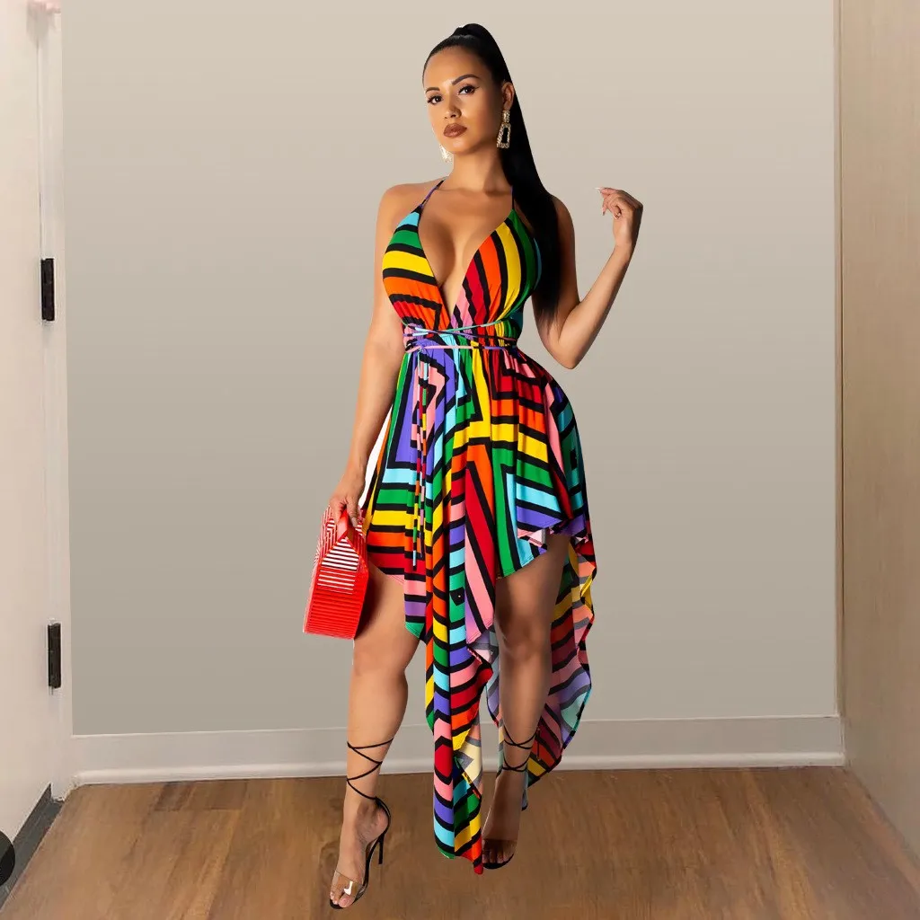

2019 Rainbow Backless Irregular Dress Women Spaghetti Strap Striped Plus Size Dress Summer Deep V Neck Sexy Boho Dress