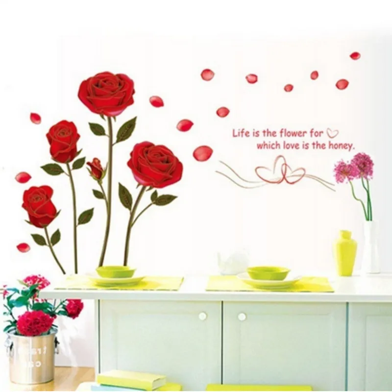 

1Pcs/lot Hot Sale 120x75cm Removable Red Rose Life Is The Flower Quote Wall Sticker Mural For DIY Decal Home Room Art Decoration