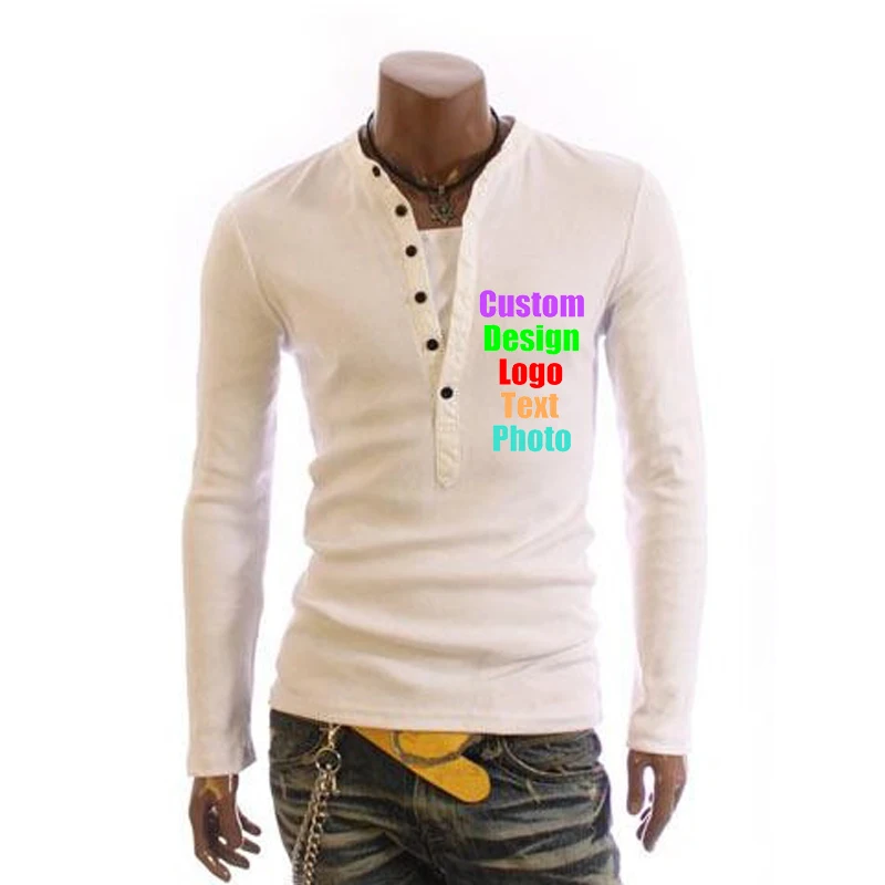 

Spring Slim Buttons Up V Neck Men Custom Logo Photo Text Printed T-shirt Long Sleeve Elastic Man Male Tops Boy bussiness T shirt