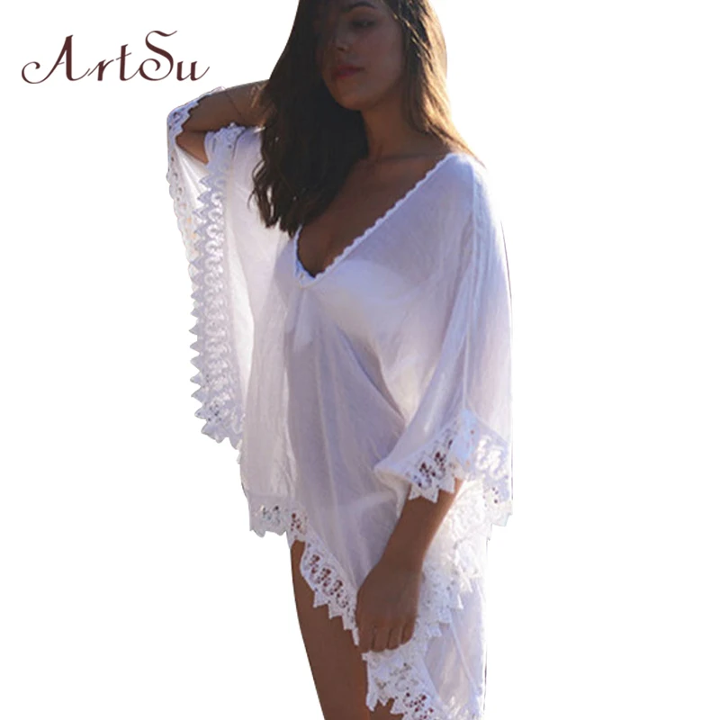 Buy Cheap ArtSu Fashion 2017 Batwing Sleeve Lace Summer Beach Dress Ladies Sexy Mini Dresses Women Casual Slim Dress Beachwear ASDR30011