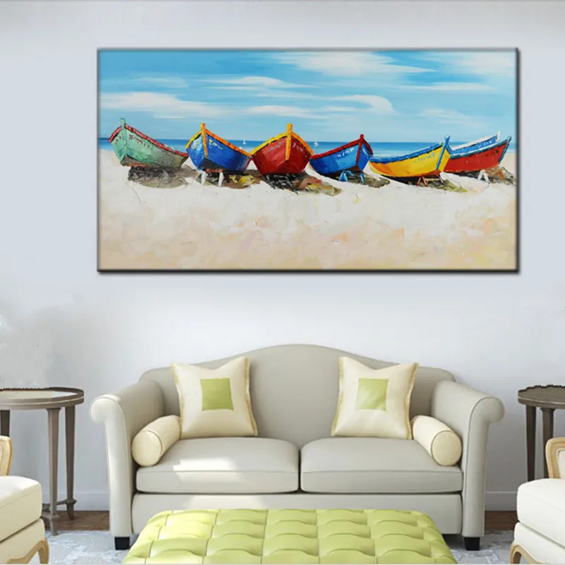 

Handmade Modern Home Wall Decor Art Pictures Handpainted Abstract Boats Beach Sky Oil Painting On Canvas Large Acrylic Paintings