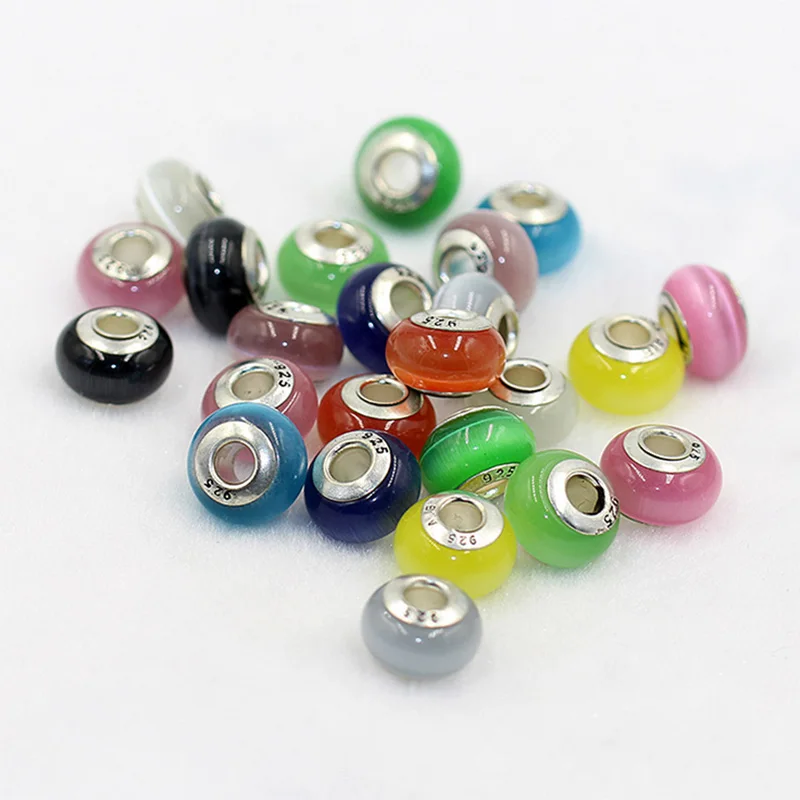 50pcs High quality natural stone beads Opal 925 Silver Cat Eye Murano European Czech Bead Fit For Pandor Charms Bracelet  H173