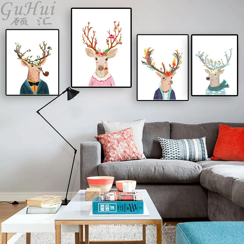 

Nordic Rural Flowers Deer Head Canvas Painting Art Poster Print Animal Elk Family Wall Picture Home Living Room Sofa Decoration