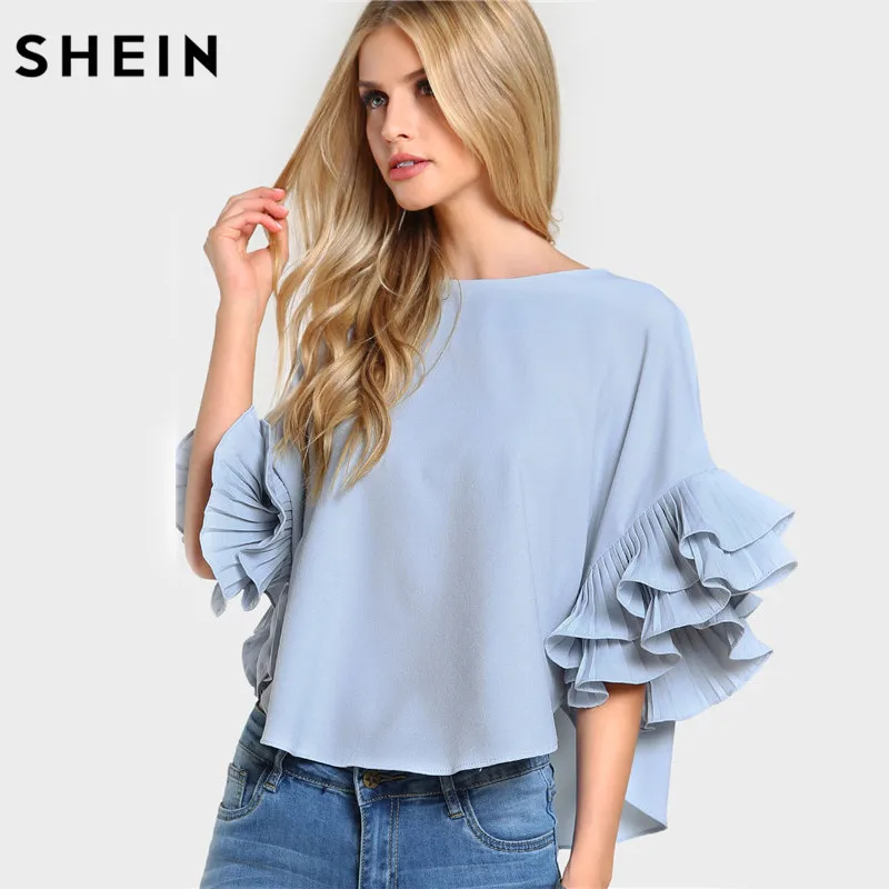 SHEIN Pleated Ruffle Sleeve Dolphin Hem Top Women Blouses