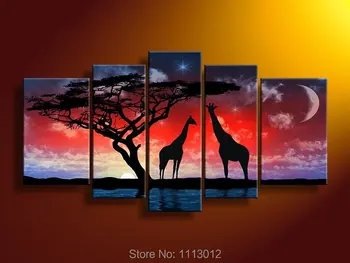

Red Moon Star Giraffe Tree Oil Painting On Canvas 5 pcs Set Home Abstract Wall Art Decoration Modern Picture For Living Room
