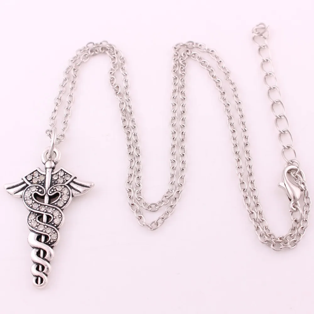 

New Arrival Hot Selling Caduceus Medical Symbol Staff with Wings Snakes pendant link chain necklace
