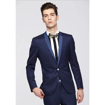 

Fashion Small Collar Itlay navy blue Men smoking Suit 2019 Side Silt Mens Wedding Suits Yong Man Daily Work Wear (Jacket+Pants)