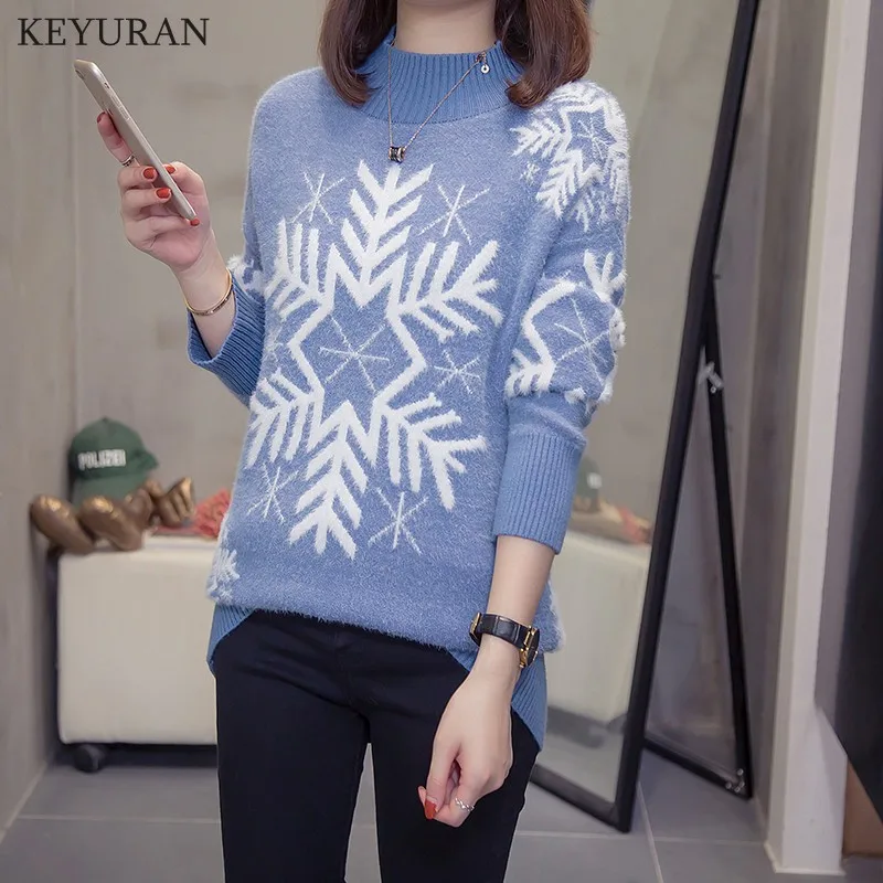 

4XL 2019 New Arrival Autumn Winter Women Pullovers Snowflake Pattern Sweater Loose Fluff Thickening Female High-Necked Sweater